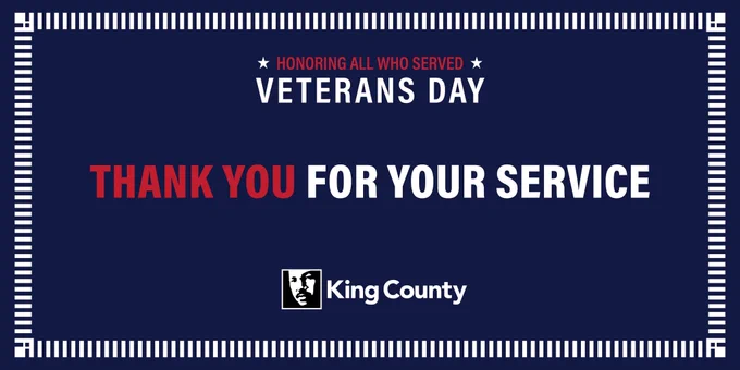 Honoring all who served - Veterans Day - Thank you for your service.

Text appears against a dark blue rectangle, which is bordered by a stylized series of stacked white lines. Below the text is the King County logo.