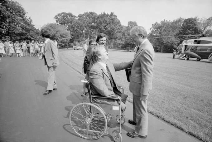 Black and white photo of Max Cleland and Jimmy Carter