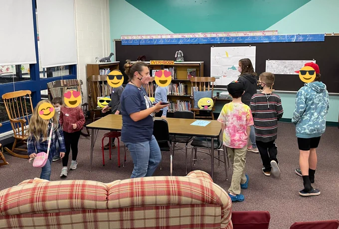 Musical chairs to browse new books from the library with Mrs. Gaeta!