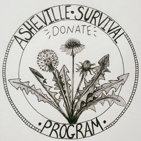 "Asheville Survival Program | Donate" logo in black and white, featuring a dandelion