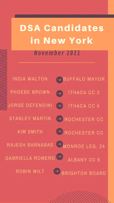 DSA Candidates in NY
India Walton Buffalo Mayor
Phoebe Brown Ithaca Common Council 2
Jorge Defendini Ithaca Common Council 4
Stanley Martin Rochester City Council At-Large
Kim Smith Rochester City Council At-Large
Rajesh Barnabas Monroe County Legislature 24
Gabriella Romero Albany City Council 6
Robin Wilt Brighton Board
