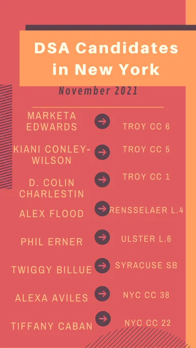 DSA Candidates in NY
Marketa Edwards Troy City Council 6
Kiani Conley-Wilson Troy City Council 5
D. Colin-Charlestin Troy City Council 1
Alex Flood Rensselaer County Legislature 4
Phil Erner Ulster County Legislature 6
Alexa Aviles NYC City Council 38
Tiffany Caban NYC City Council 22