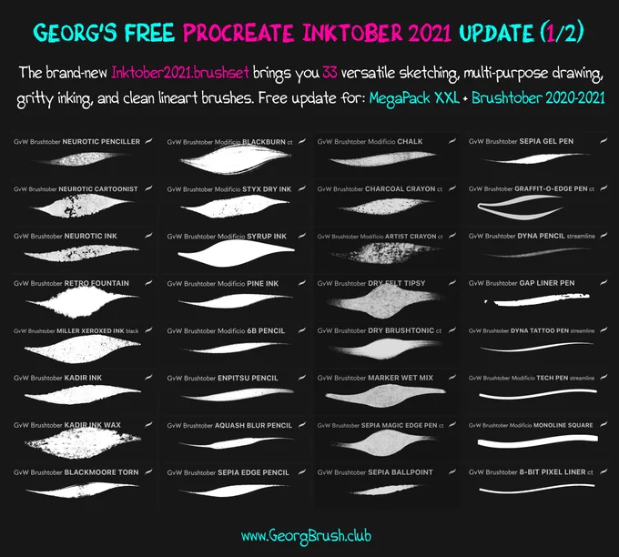 The brand-new Inktober2021.brushset brings you 38 versatile sketching, multi-purpose drawing, gritty inking, and clean lineart brushes. Free update for: MegaPack XXL   Brushtober 2020-2021 brush sets