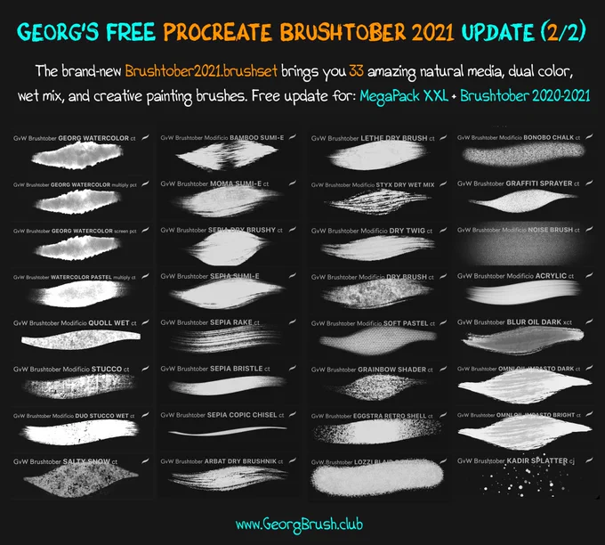 The brand-new Brushtober2021.brushset brings you 34 amazing natural media, dual color, wet mix, and creative painting brushes. Free update for: MegaPack XXL   Brushtober 2020-2021 brush sets