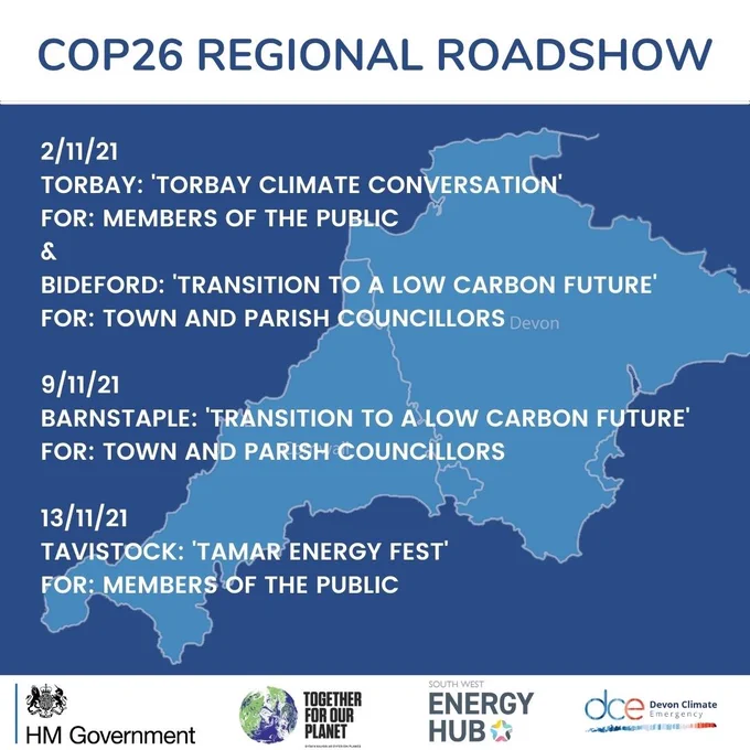 A dark blue background with a light blue map of Devon and Cornwall. In front of the map is some white text describing the events at the Devon COP26 regional roadshow. At the bottom of the image, there are four logos.
