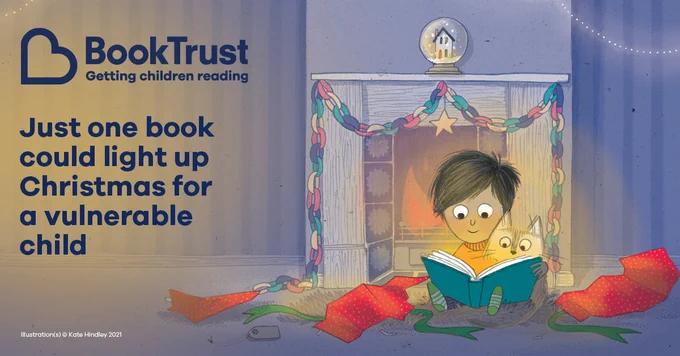 An illustration of a child reading a shining book by the fire with the words: 'Just one book could light up Christmas for a vulnerable child'