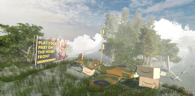Piece of Art by Max Colson showing an army plane on grass with a billboard that says "Play Your Part on the Home Front"