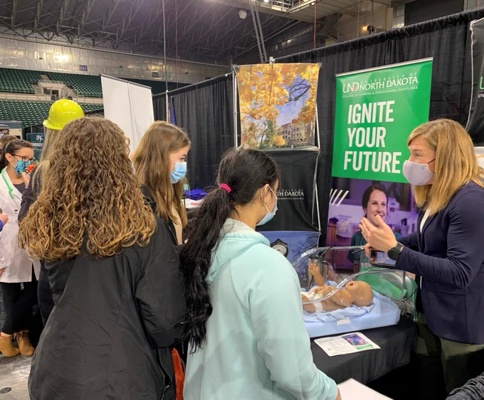 The Northern Valley Career Expo brings more than 1,800 high school students from around the Northern Valley region (Northwest Minnesota & Northeast North Dakota) to a one-day event where they can explore high-wage, in-demand careers.

Nursing Office of Student Services (OSS) and RAIN staff visited with students about the profession, as well as taught them a little bit about simulation.  
