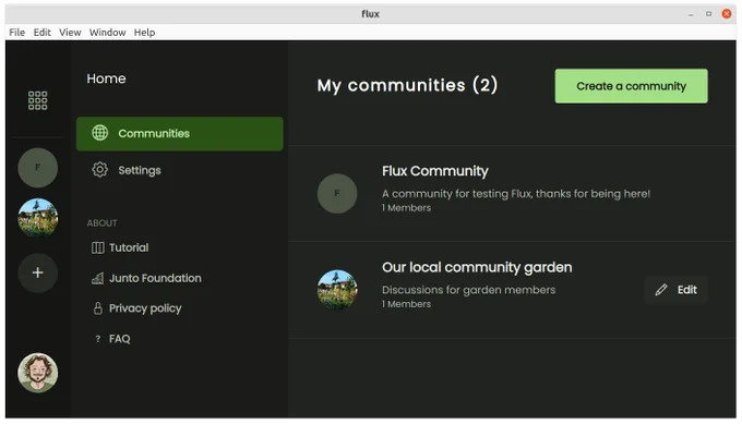 Screenshot: the Flux home screen, showing a list of communities and a menu with items for settings and help