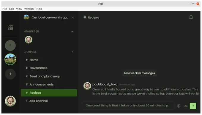 Screenshot: the Flux desktop app, showing a community garden member interacting with other members