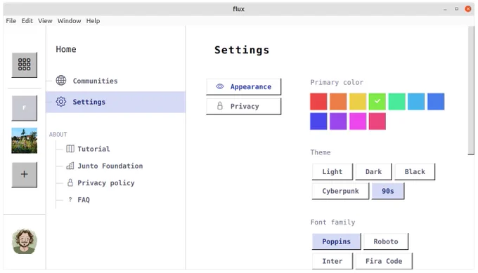 Screenshot: Flux has customisable themes!