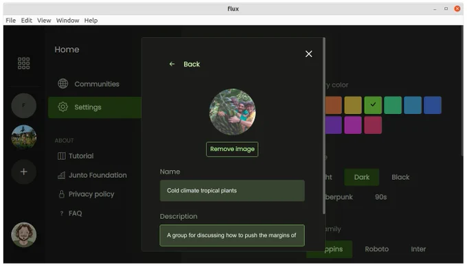 Screenshot: the Flux community creation dialog