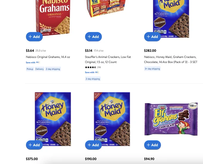screenshot of products including chocolate graham crackers for several hundred dollars