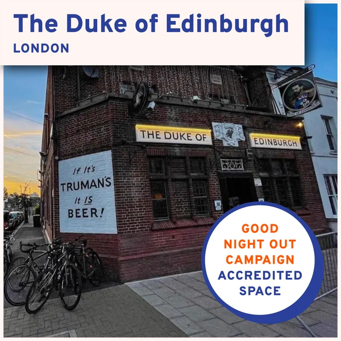 A photo of the outside of the duke of edinburgh pub with it's red brick wall and lights dangling from the top. it says "good night out accredited space" in a circle in the bottom left and "the duke of edinburgh, london" at the top