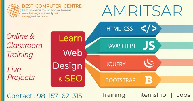 Website Designing Live Project Training in Amritsar
Contact  91 (981) 576 2315
Email : info@bestcomputercentre.com
.
https://amritsar.bestcomputercentre.com/webDesign
.
#web_designing #training #amritsar #live_project #online_courses #learn_css #photoshop #learn_html5 #learn #java_script #learn_php #learn_nodejs #learn_java
.
Best Computer Centre Amritsar provides real-time and placement focused Web Designing training in Amritsar. Our Web Designing course in Amritsar includes basic to high level and our Web Designing course is designed to get the placement in good MNC companies, as quickly as once you complete the Web Designing training course. We have designed our Web Designing course content and syllabus based on students specification to achieve everyone's career goal. In our Web Designing training program, you will learn Client and Server Concepts, HTML, CSS, Adobe Photoshop, Adobe Flash, DHTML, XHTML, HTML5, Java Script, Dreamweaver, Sublime Text, Static Websites creation real tim