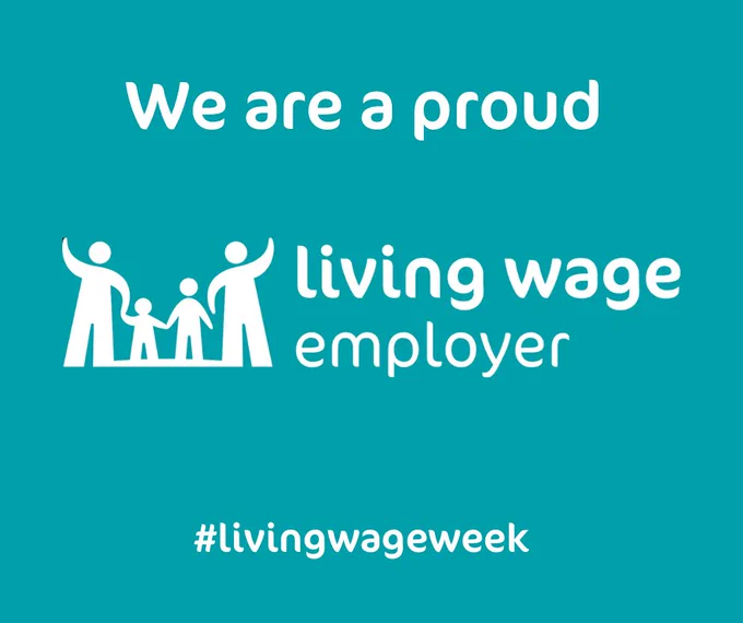 Silhouette image of 2 adults with 2 children and the statement "We are a proud living wage employer'' and the hashtag livingwageweek