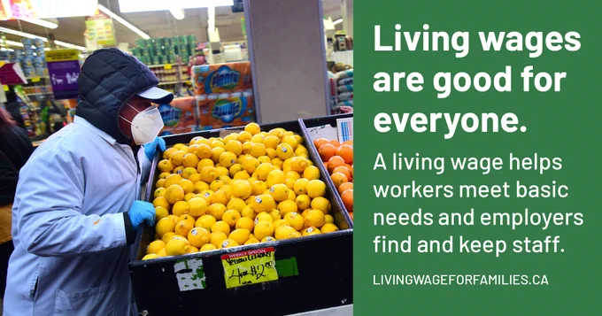 Image of a working, wearing a mask, loading produce in a grocery store. The text says ''Living wages are good for everyone. A living wage helps workers meet  basic needs and employers find and keep staff''