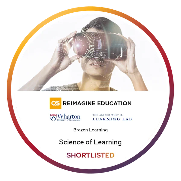 A person looking through a virtual reality headset, with the QS Reimagine Education logos indicating that Brazen Learning is shortlisted for a Science of Learning award for the 2021 conference.