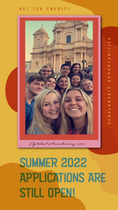 A photo of smiling students with the text: "Summer 2022 Applications are still open! Get TCU credit! Scholarship opportunities"