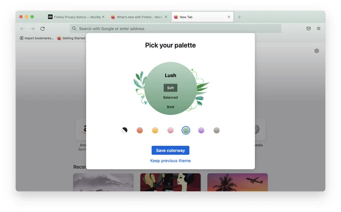 Firefox screenshot with theme picker