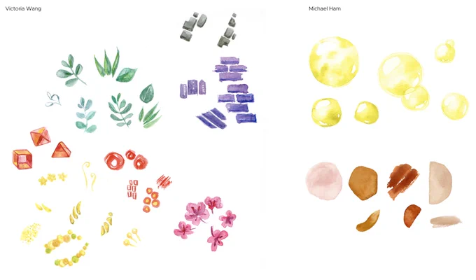 Watercolor paintings of leaves, flowers, bubbles, brick