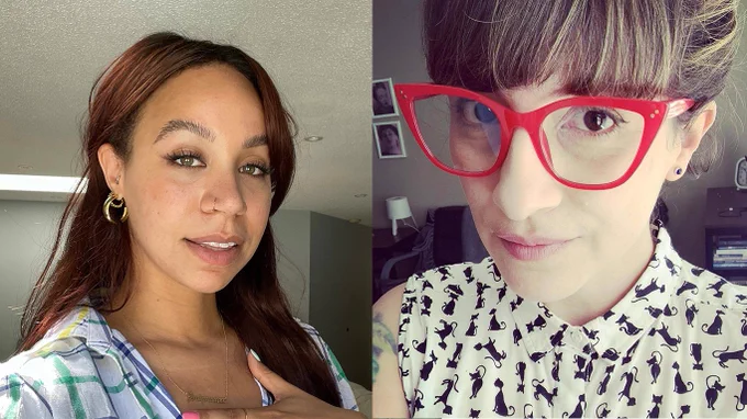 Photos of the guests. Jam is on the left, looking at the camera with their lips slightly parted in a smile, and Sarah is on the right, smiling with closed mouth and wearing bold red glasses.