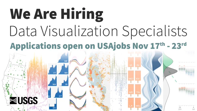 A banner announcing “We are hiring data visualization specialists. Applications will be open on USAjobs Nov 17th-23rd “.  A collection of images shows different chart and map data visualizations from USGS