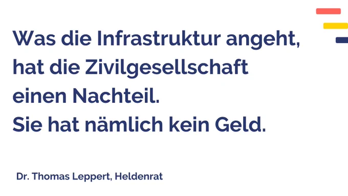 Was die Infrastruktur angeht, hat die Zivilgesellschaft einen Nachteil. 
Sie hat nämlich kein Geld.

Dr. Thomas Leppert, Heldenrat
