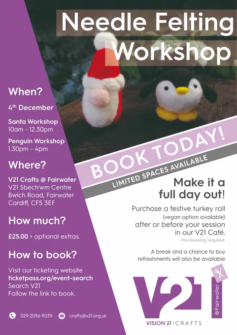 Come and join us for our needle felting workshop and make your own Santa or Penguin!  BOOK NOW!  https://tinyurl.com/v21crafts