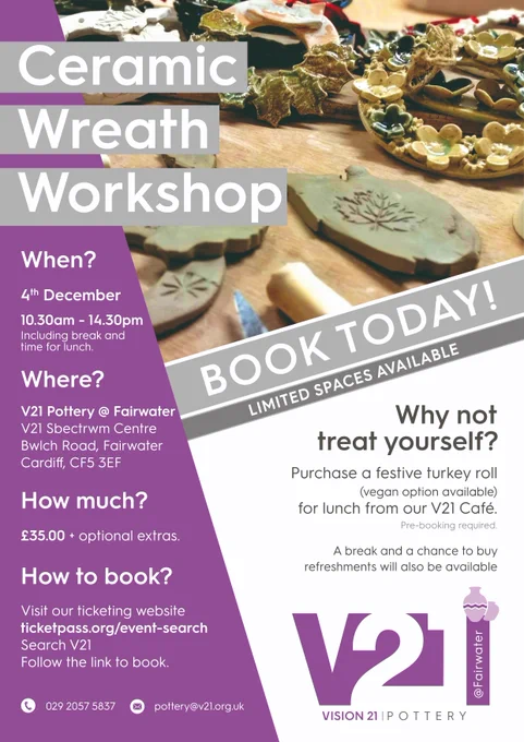 Fancy trying your hand at pottery? Come and make your own ceramic wreath. Book today!  https://tinyurl.com/v21pottery 
