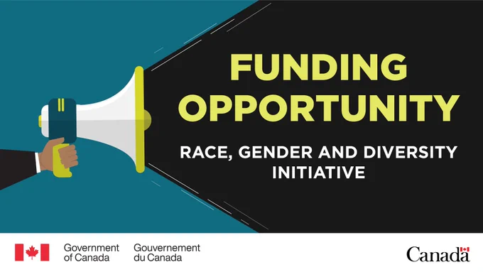 Hand holding a megaphone pointing towards text that reads “Funding Opportunity: Race, Gender and Diversity Initiative”. Along the bottom are the Government of Canada logo and Canada wordmark.