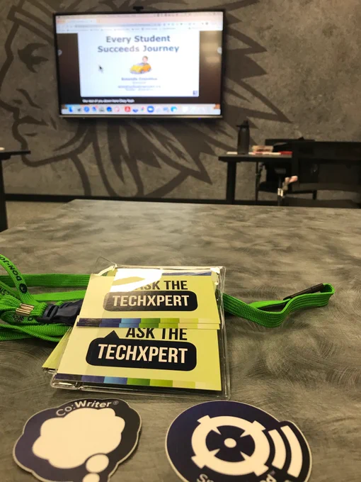 Lanyard Ask the Techexpert. stickers Co:Writer & Snap&Read. Presention in the background. 