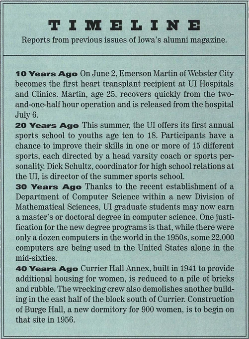 From 1995 Iowa Alumni Magazine "[...] 30 Years Ago Thanks to the recent establishment of a Department of Computer Science within a new Division of Mathematical Sciences, UI graduate students may now earn a master's or doctoral degree in computer science. [...]"