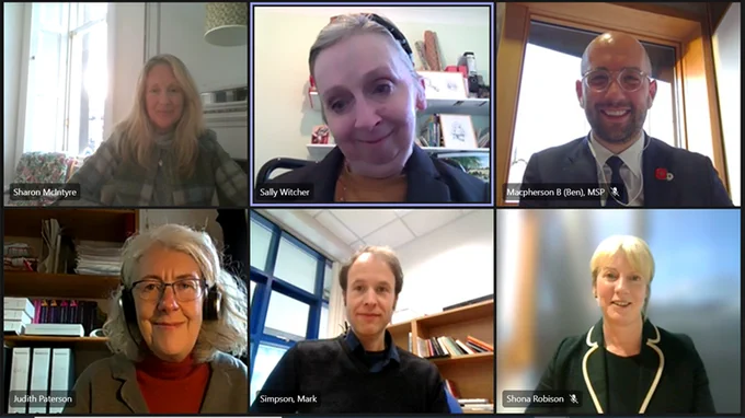 This is a screenshot of the Scottish Commission on Social Security Board meeting with the Cabinet Secretary and Minister. Image from top left: Sharon McIntyre; Dr Sally Witcher; Ben Macpherson. From bottom left: Judith Paterson; Dr Mark Simpson, Shona Robison.