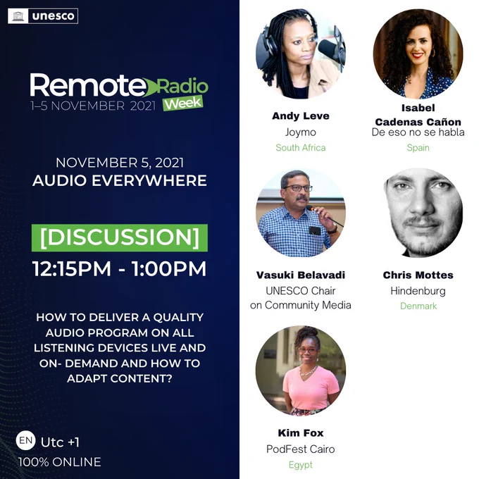 Graphic for UNESCO's 2021 Remote Radio Week; programming for Friday, November 5 from 12:15-1p featuring Kim Fox from PodFest Cairo.