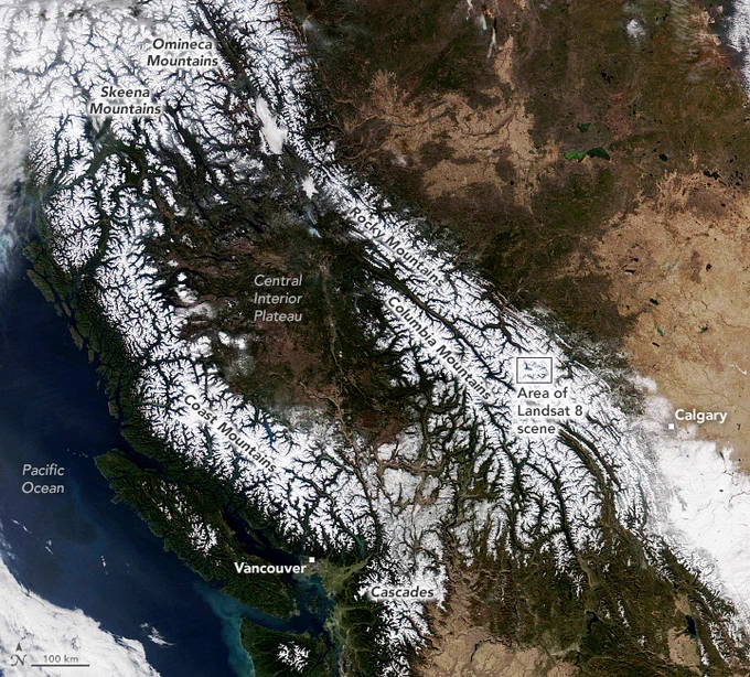 The Visible Infrared Imaging Radiometer Suite (VIIRS) on the NOAA-20 satellite acquired this image during the widespread “unusually pleasant” weather on October 31, 2021. Snowcapped peaks are visible across numerous ranges and subranges, from the Coast Mountains in British Columbia to the Rockies in western Alberta.