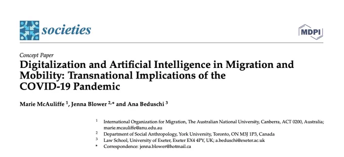 Societies Concept Paper: "Digitalization and Artificial Intelligence in Migration and Mobility: Transnational Implications of the COVID-19 Pandemic" 
