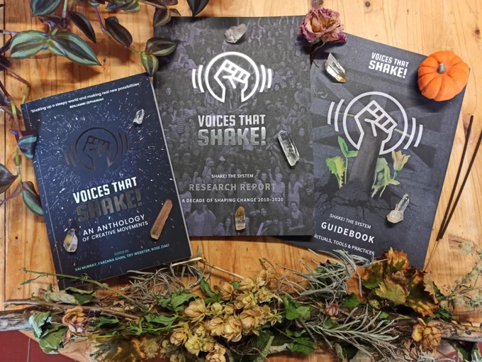 Photo by Annick Météfia showing trilogy of @voicesthatshake publications with crystals, herbs, seasonal plants.