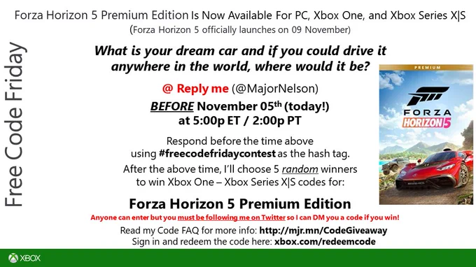 FREE CODE FRIDAY - For a chance to win a code for Forza Horizon 5 Premium Edition on Xbox One - Xbox Series X|S, reply to this tweet with the hashtag #freecodefridaycontest before 5:00p ET / 2:00p PT answering this question: What is your dream car and if you could drive it anywhere in the world, where would it be?
