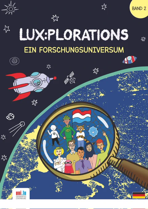 Comic style picture of Europe from space with a magnifying glass over Luxembourg showing different people. A spaceship is flying over it.