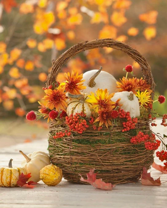 A woven basket holds several pumpkins and a variety of orange and red flowers.