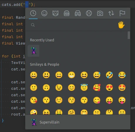 Screenshot of Android Studio showing a selection dialog for emojis, after pressing the key shortcut.