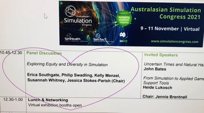 A screenshot of a panel at the Australasian Simulation Congress on equity and diversity on 9 November 2021