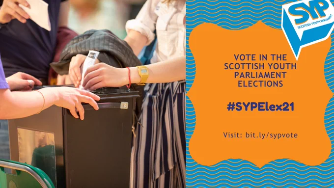 Image of a young person putting a voting card into a box while another person holds the box. Alongside this is a wavy orange box with text inside that says "Vote in the Scottish YOUTH PARLIAMENT ELECTIONS - #SYPElex21 - Visit: bit.ly/sypvote"