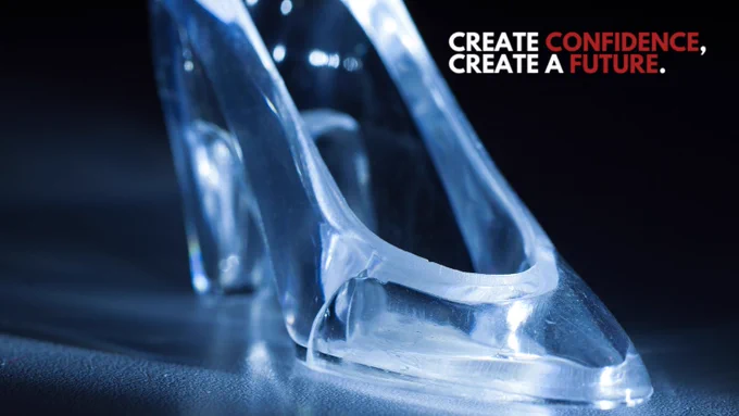 Glass Slipper on a blue background Create Confidence, Create a Future