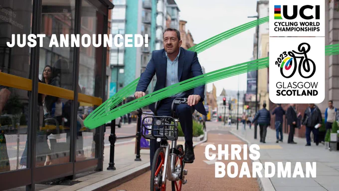 Chris Boardman riding a bicycle with the announcement he'll be appearing at the event, The Power of the Bike on Wednesday 10 November.