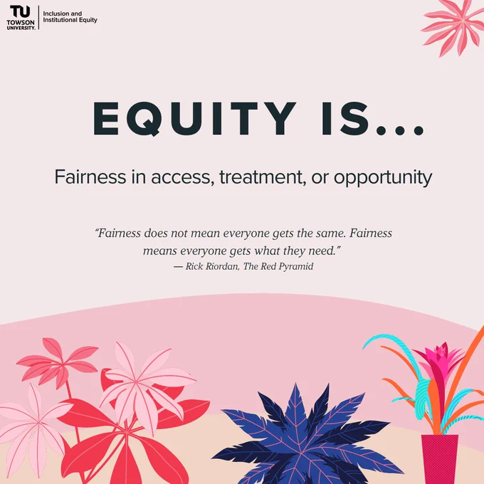 pink flyer with multicolor plants. A big "equity is" title is displayed emphasizing the term