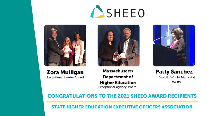 Text Reads: Congratulations to the 2021 SHEEO Award Recipients State Higher Education Executive Officers Association. Zora Mulligan, Exceptional Leader Award. Massachusetts Department of Higher Education Exceptional Agency Award. Patty Sanchez David L. Wright Memorial Award.