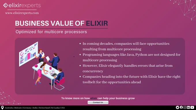 In coming decades, companies will face opportunities resulting from multicore processing as programing languages like Java, Python are not designed for multicore processing. However, Elixir elegantly handles errors that arise from concurrency. Companies heading into the future with Elixir have the right toolbelt for the opportunities ahead.

Elixirexperts will be covering on the value the elixir will bring to your business, on every tuesday. Stay Tuned

Elixirexperts is a brand of ITERON Group (www.iterontech.com) that focuses on custom-built solutions based on technologies like Elixir, Erlang, Reactjs, Nodejs to name a few. Contact us for a consultation! To know more: www.elixirexperts.com

#elixirexperts #integrations #elixir #elixirlang #erlang #BEAM #Iot #AI #blockchain #cloud #artificialintelligence #digitaltransformation #reactjs #nodejs #phoenix  #technology #consultancy #business #value #multicore #processing