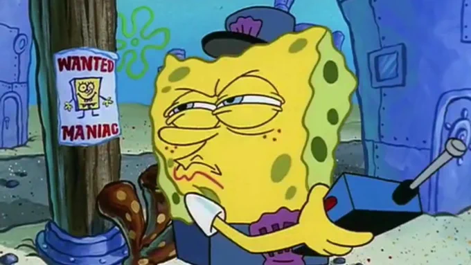 SpongeBob dressed a police officer, looking for a criminal but there's a wanted sign behind him with a picture of him